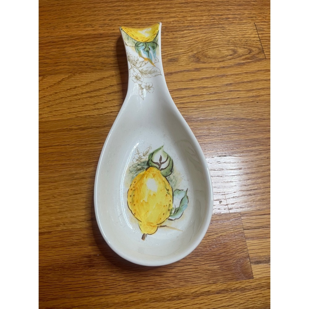 Maxcera Handcrafted Ceramic Spoon Rest Sketch Lemon Floral White Yellow